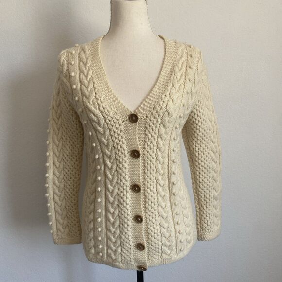 Handmade Sweaters - Vintage Fisherman Cardigan Handmade Natural Wool Cable Knit Chunky Sweater Sz S